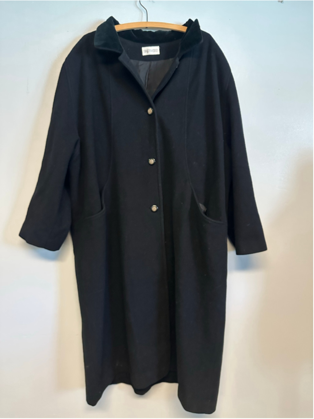 Black Long Wool Pea Coat with Velvet Collar
